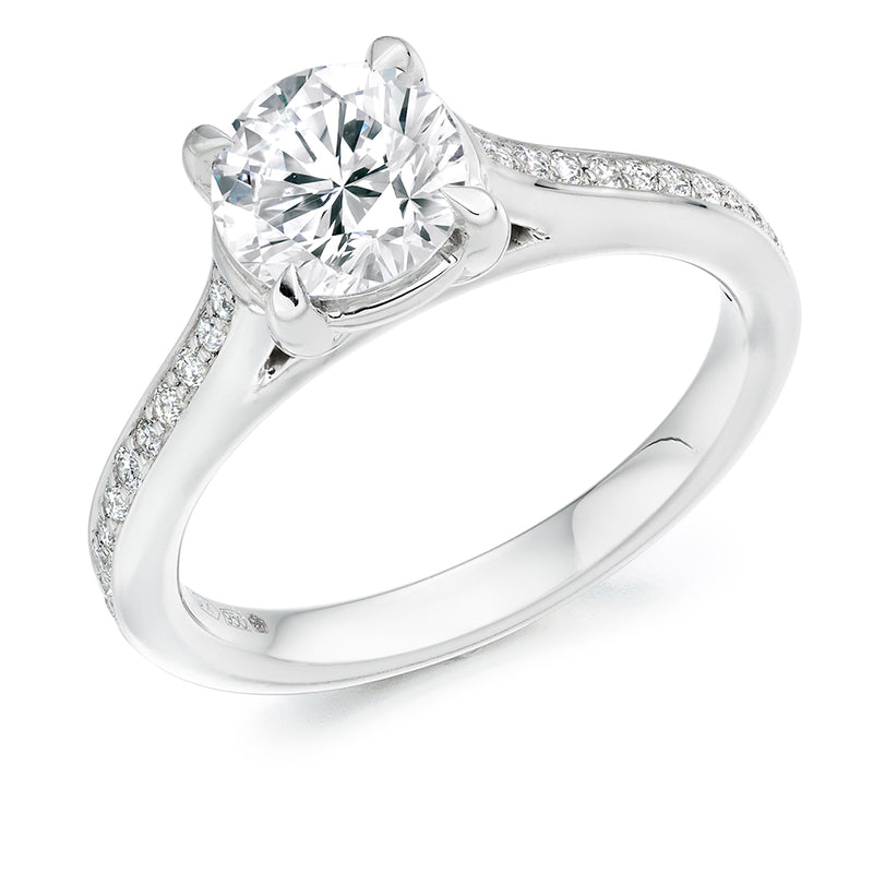 Platinum 950 GIA Certified Round Brilliant Cut Solitaire Diamond Engagement Ring With Diamond Set Shoulders