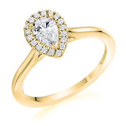 9ct Yellow Gold GIA Certified Diamond Engagement Ring With Pear Shape Centre Stone and Round Brilliant Cut Diamond Halo