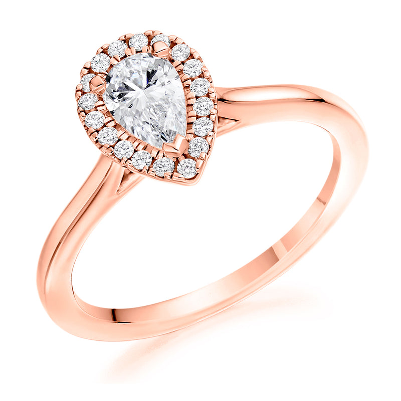 18ct Rose Gold GIA Certified Diamond Engagement Ring With Pear Shape Centre Stone and Round Brilliant Cut Diamond Halo