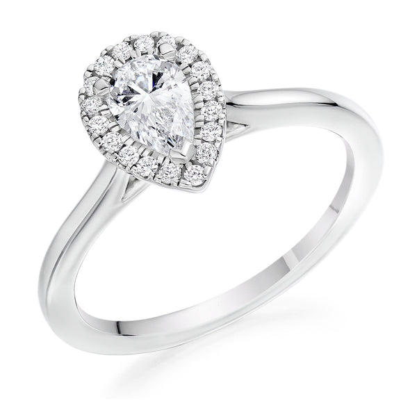 Platinum 950 GIA Certified Diamond Engagement Ring With Pear Shape Centre Stone and Round Brilliant Cut Diamond Halo