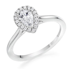 18ct White Gold GIA Certified Diamond Engagement Ring With Pear Shape Centre Stone and Round Brilliant Cut Diamond Halo