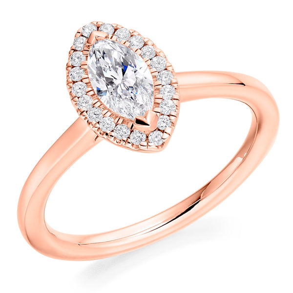 9ct Rose Gold GIA Certified Diamond Engagement Ring With Marquise Cut Centre Stone and Round Brilliant Cut Diamond Halo
