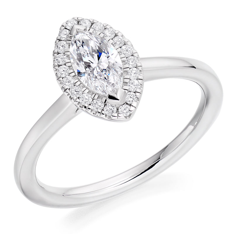 18ct White Gold GIA Certified Diamond Engagement Ring With Marquise Cut Centre Stone and Round Brilliant Cut Diamond Halo