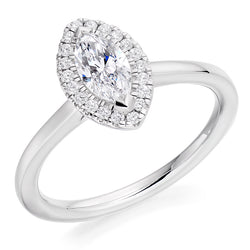 Platinum 950 GIA Certified Diamond Engagement Ring With Marquise Cut Centre Stone and Round Brilliant Cut Diamond Halo