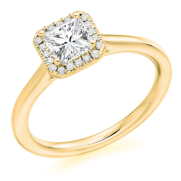 9ct Yellow Gold Diamond Engagement Ring With GIA Certified Princess Cut Centre Stone and Round Brilliant Cut Diamond Halo