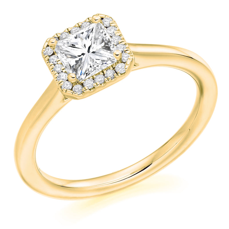 18ct Yellow Gold Diamond Engagement Ring With GIA Certified Princess Cut Centre Stone and Round Brilliant Cut Diamond Halo
