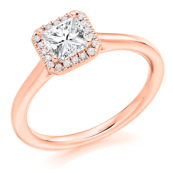 9ct Rose Gold Diamond Engagement Ring With GIA Certified Princess Cut Centre Stone and Round Brilliant Cut Diamond Halo