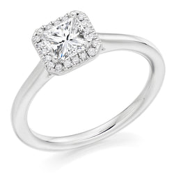 Platinum 950 Diamond Engagement Ring With GIA Certified Princess Cut Centre Stone and Round Brilliant Cut Diamond Halo