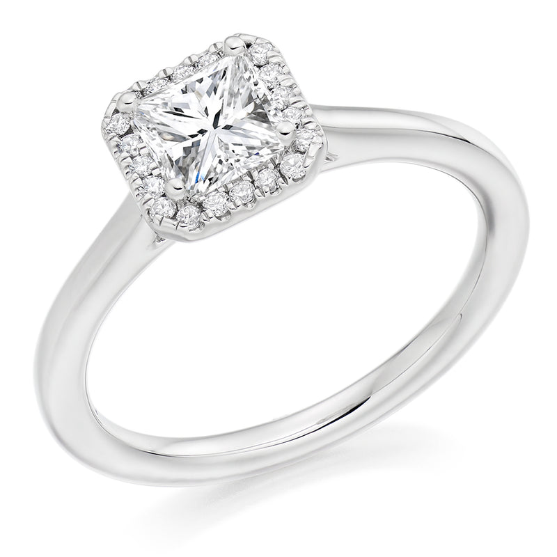 18ct White Gold Diamond Engagement Ring With GIA Certified Princess Cut Centre Stone and Round Brilliant Cut Diamond Halo