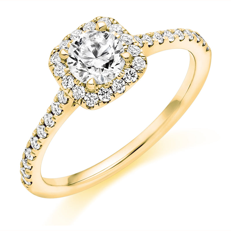 18ct Yellow Gold Diamond Engagement Ring With a GIA Certified Round Brilliant Cut Centre Solitaire, Cushion Shaped Halo and Round Brilliant Cut Diamond Set Shoulders