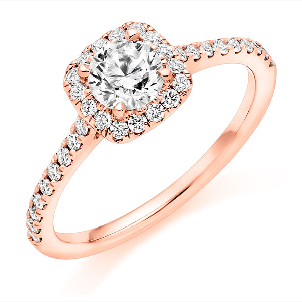 18ct Rose Gold Diamond Engagement Ring With a GIA Certified Round Brilliant Cut Centre Solitaire, Cushion Shaped Halo and Round Brilliant Cut Diamond Set Shoulders