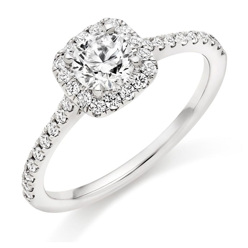 Platinum 950 Diamond Engagement Ring With a GIA Certified Round Brilliant Cut Centre Solitaire, Cushion Shaped Halo and Round Brilliant Cut Diamond Set Shoulders