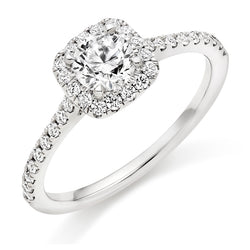 18ct White Gold Diamond Engagement Ring With a GIA Certified Round Brilliant Cut Centre Solitaire, Cushion Shaped Halo and Round Brilliant Cut Diamond Set Shoulders