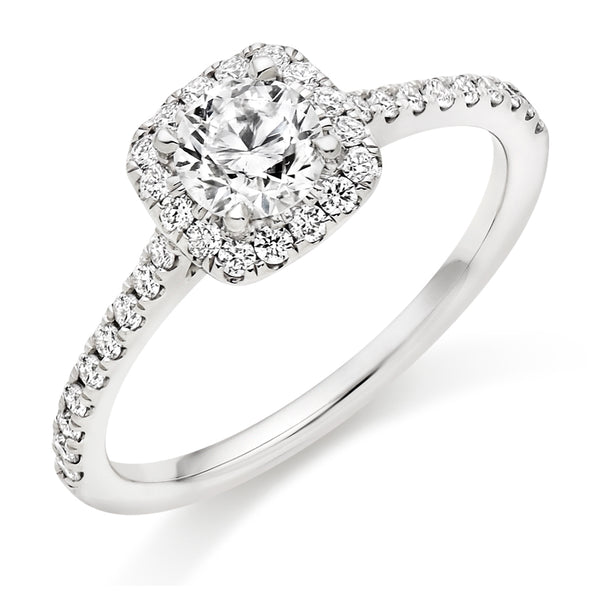 9ct White Gold Diamond Engagement Ring With a GIA Certified Round Brilliant Cut Centre Solitaire, Cushion Shaped Halo and Round Brilliant Cut Diamond Set Shoulders