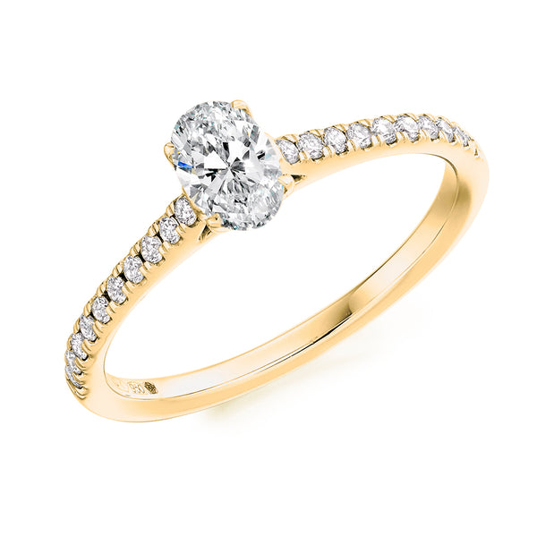 18ct Yellow Gold GIA Certified Oval Cut Solitaire Diamond Engagement Ring With Diamond Set Shoulders