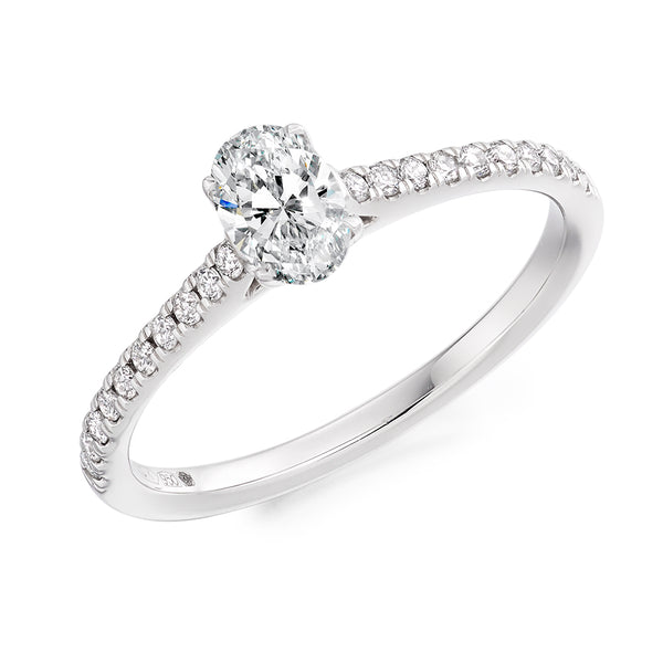 18ct White Gold GIA Certified Oval Cut Solitaire Diamond Engagement Ring With Diamond Set Shoulders
