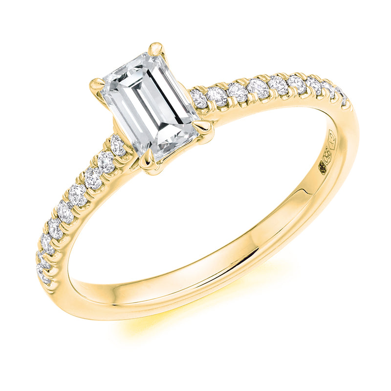 18ct Yellow Gold GIA Certified Emerald Cut Solitaire Diamond Engagement Ring With Diamond Set Shoulders