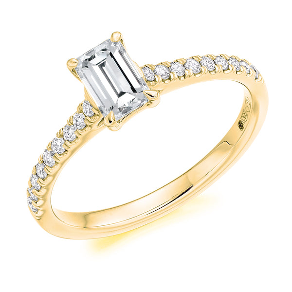 9ct Yellow Gold GIA Certified Emerald Cut Solitaire Diamond Engagement Ring With Diamond Set Shoulders