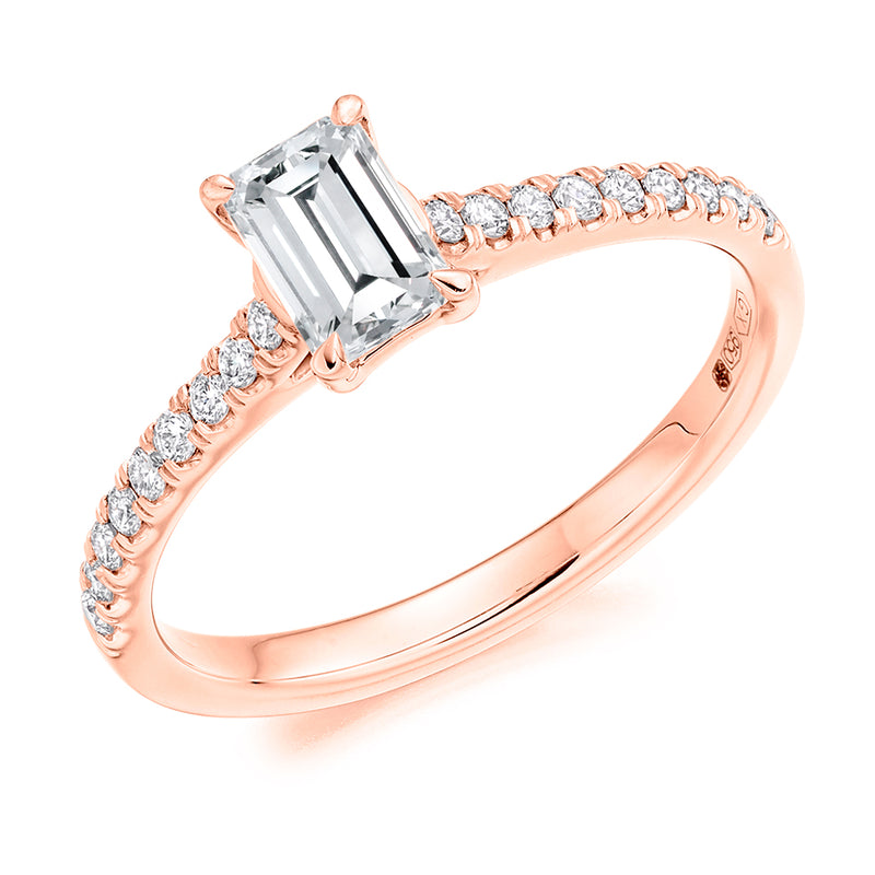 18ct Rose Gold GIA Certified Emerald Cut Solitaire Diamond Engagement Ring With Diamond Set Shoulders