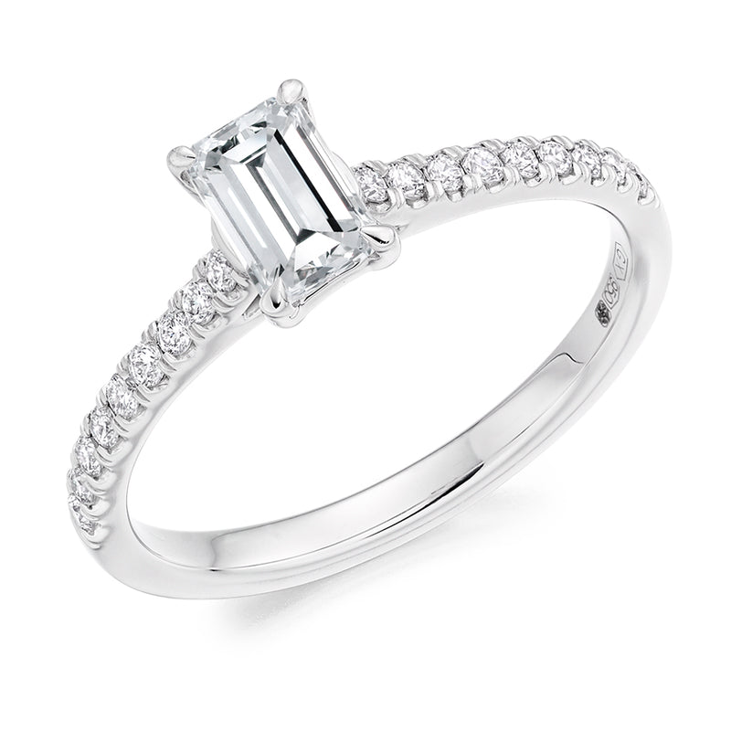 18ct White Gold GIA Certified Emerald Cut Solitaire Diamond Engagement Ring With Diamond Set Shoulders