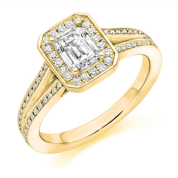 9ct Yellow Gold Diamond Engagement Ring With GIA Certified Emerald Cut Centre Stone, Round Brilliant Cut Diamond Halo and Split Shoulders