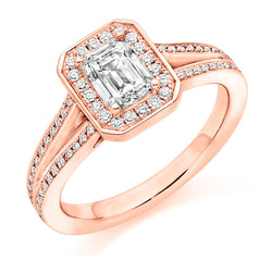 18ct Rose Gold Diamond Engagement Ring With GIA Certified Emerald Cut Centre Stone, Round Brilliant Cut Diamond Halo and Split Shoulders