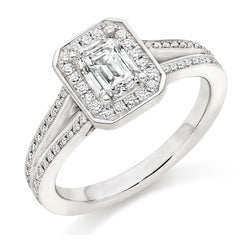 Platinum 950 Diamond Engagement Ring With GIA Certified Emerald Cut Centre Stone, Round Brilliant Cut Diamond Halo and Split Shoulders