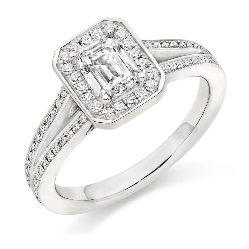 18ct White Gold Diamond Engagement Ring With GIA Certified Emerald Cut Centre Stone, Round Brilliant Cut Diamond Halo and Split Shoulders