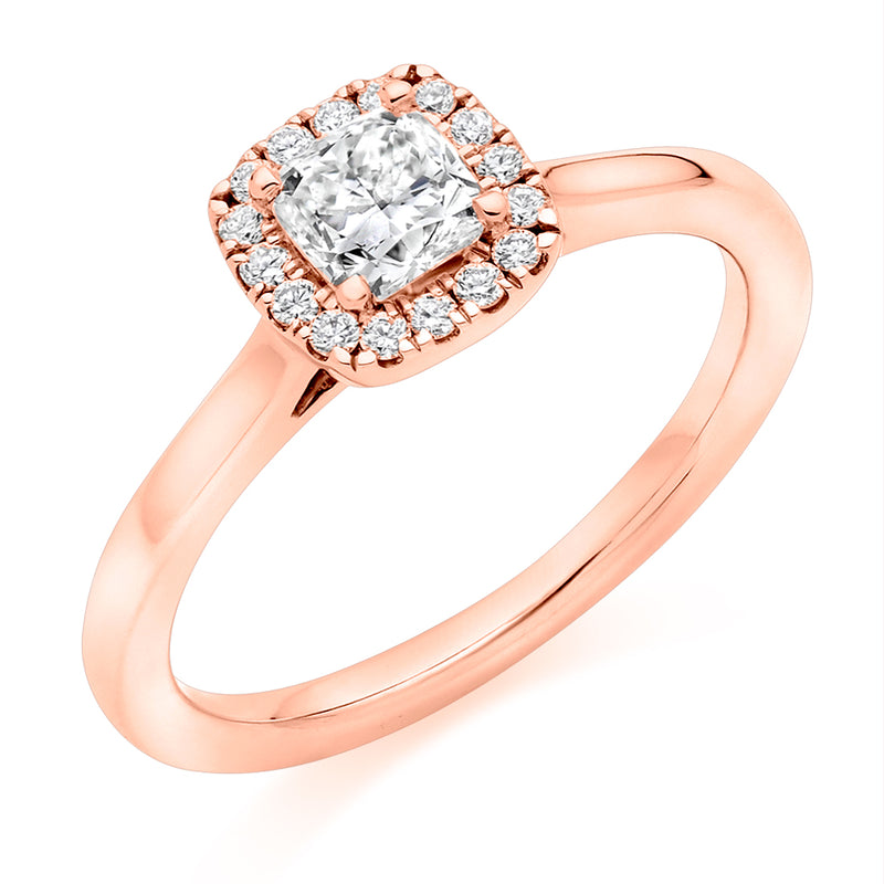 18ct Rose Gold Diamond Engagement Ring With GIA Certified Cushion Cut Centre Solitaire and Round Brilliant Cut Diamond Halo
