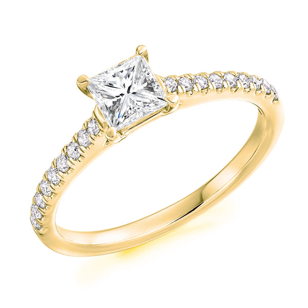 9ct Yellow Gold GIA Certified Princess Cut Solitaire Diamond Engagement Ring With Diamond Set Shoulders
