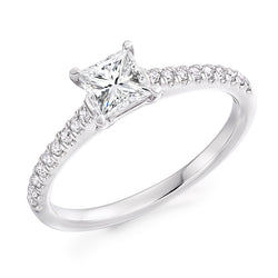 18ct White Gold GIA Certified Princess Cut Solitaire Diamond Engagement Ring With Diamond Set Shoulders