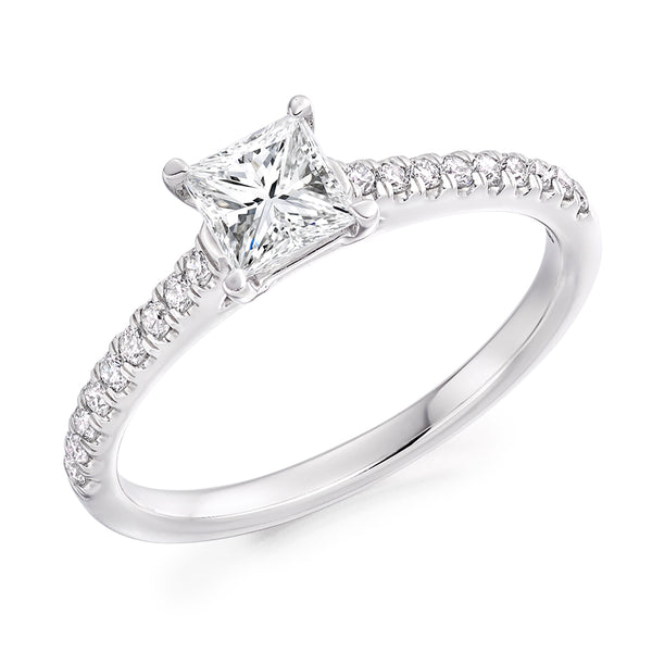 9ct White Gold GIA Certified Princess Cut Solitaire Diamond Engagement Ring With Diamond Set Shoulders