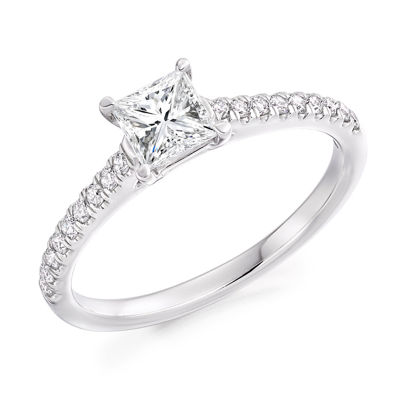9ct White Gold GIA Certified Princess Cut Solitaire Diamond Engagement Ring With Diamond Set Shoulders
