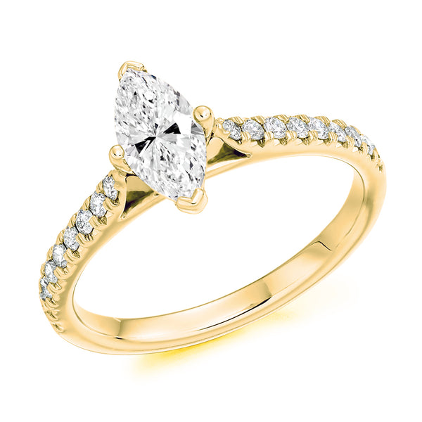 18ct Yellow Gold GIA Certified Marquise Cut Solitaire Diamond Engagement Ring With Diamond Set Shoulders