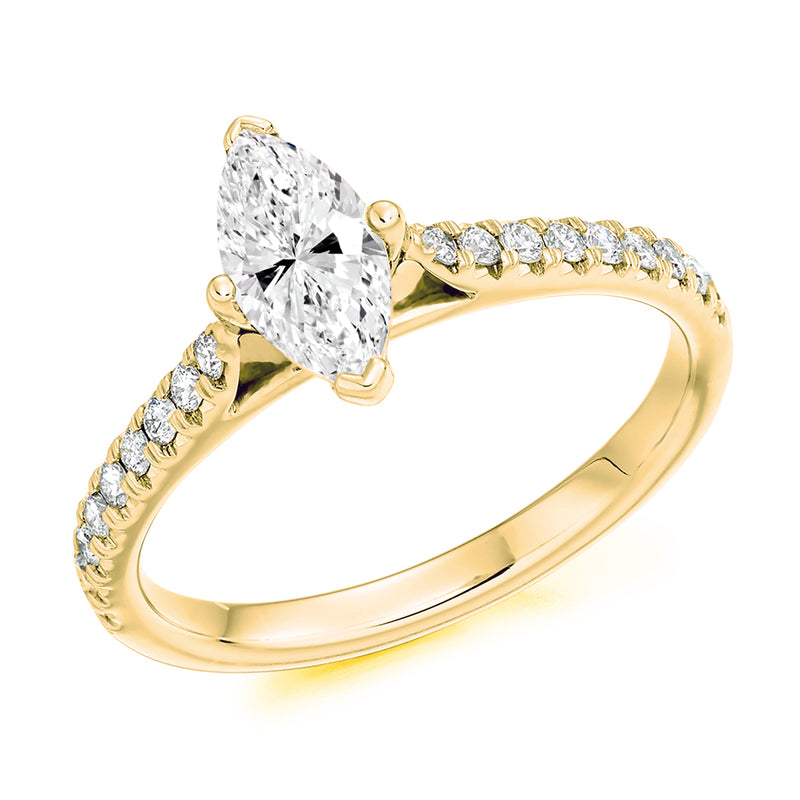 9ct Yellow Gold GIA Certified Marquise Cut Solitaire Diamond Engagement Ring With Diamond Set Shoulders
