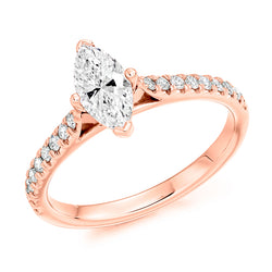 18ct Rose Gold GIA Certified Marquise Cut Solitaire Diamond Engagement Ring With Diamond Set Shoulders