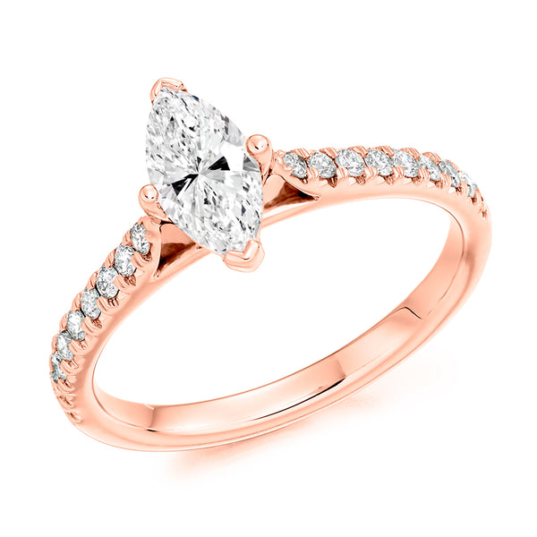 9ct Rose Gold GIA Certified Marquise Cut Solitaire Diamond Engagement Ring With Diamond Set Shoulders