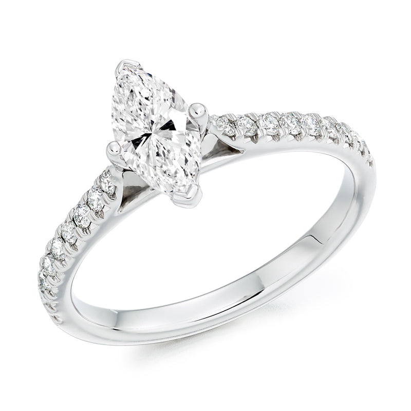 Platinum 950 GIA Certified Marquise Cut Solitaire Diamond Engagement Ring With Diamond Set Shoulders