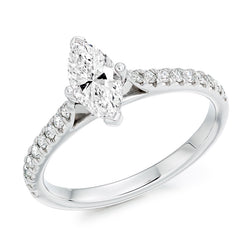 18ct White Gold GIA Certified Marquise Cut Solitaire Diamond Engagement Ring With Diamond Set Shoulders