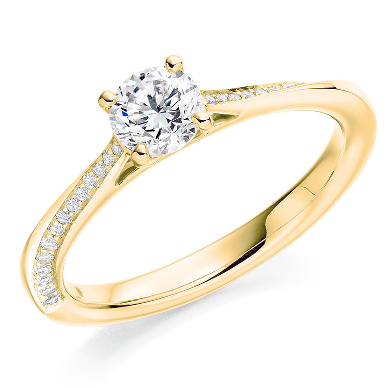 9ct Yellow Gold GIA Certified Round Brilliant Cut Solitaire Diamond Engagement Ring With Round Brilliant Cut Diamond Set Shoulders