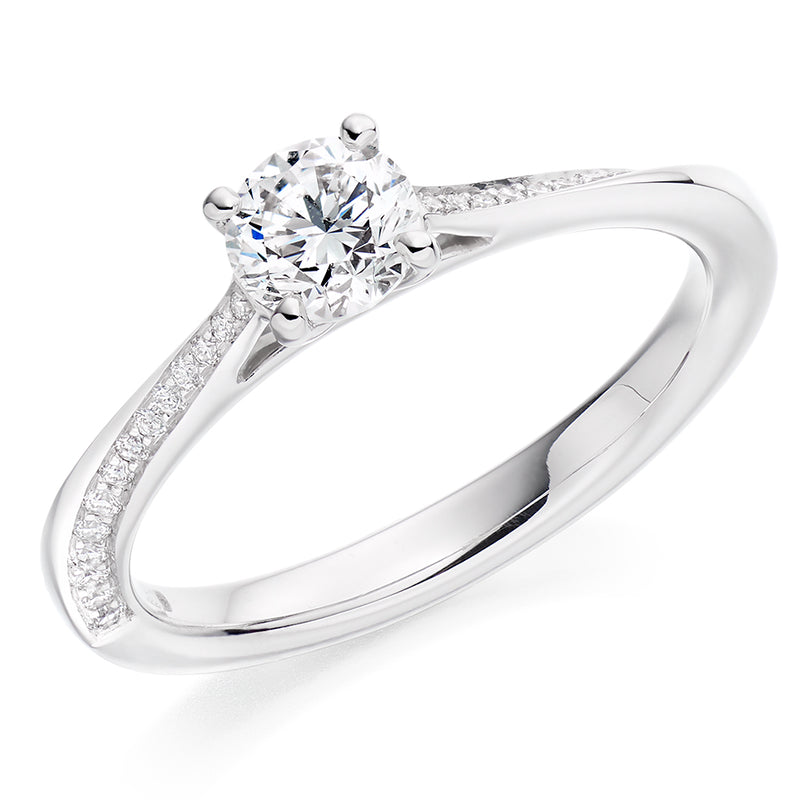 Platinum 950 GIA Certified Round Brilliant Cut Solitaire Diamond Engagement Ring With Round Brilliant Cut Diamond Set Shoulders