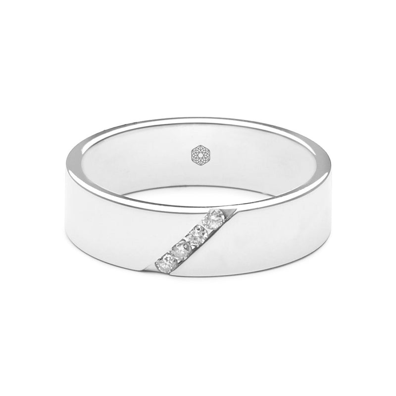 Horizontal shot of Mens Highly Polished Flat Court Wedding Ring With Four Diamonds Set Into An Angled Channel