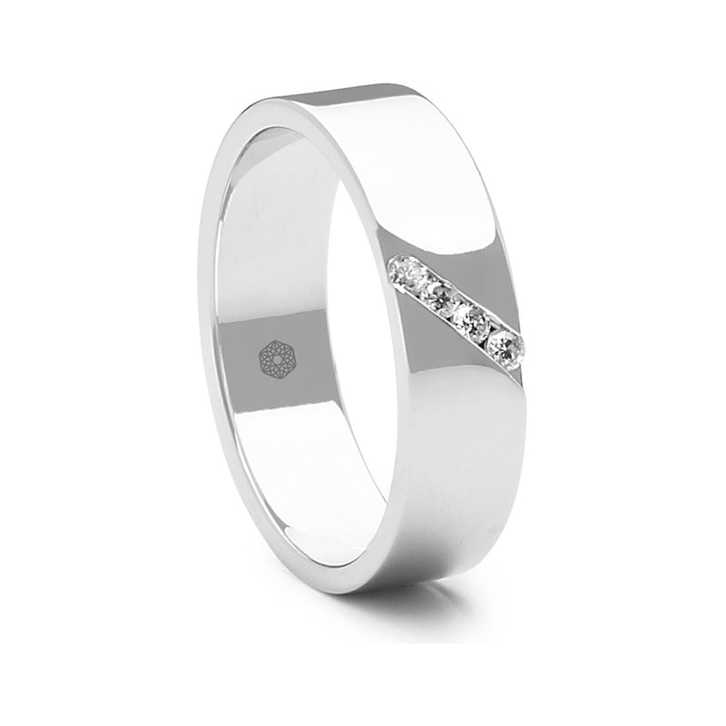 Mens Highly Polished Flat Court Wedding Ring With Four Diamonds Set Into An Angled Channel