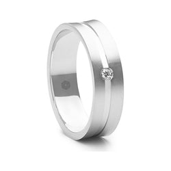 Mens Flat Court Wedding Ring With Central Highly Polished Groove and Single Round Diamond