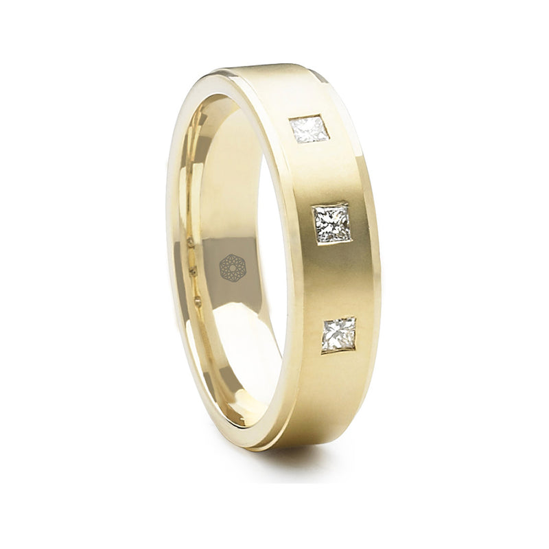 Mens Matte Finished Flat Court Wedding Ring Featuring Polished Stepped Edges and Three Princess Cut Diamonds