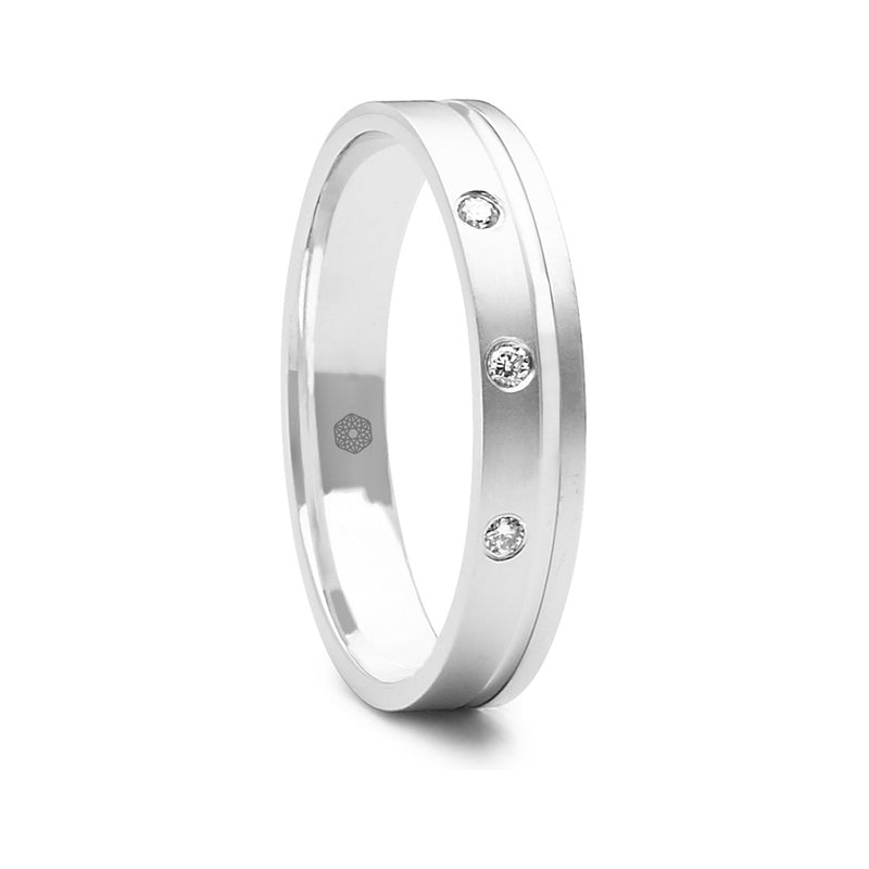 Mens Flat Court Wedding Ring With a Satin Finished Surface Featuring an Offset Groove and Three Round Brilliant Cut Diamonds