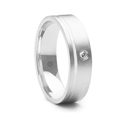 Mens Matte Finished Flat Court Wedding Band With a Single Offset Groove and Round Brilliant Cut Diamond