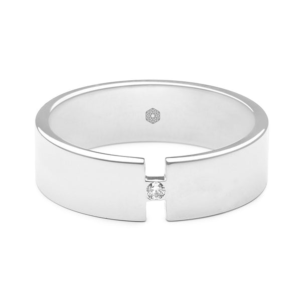 Horizontal shot of Mirror Finish Gents Flat Court Wedding Ring With Cut Out Section and One Round Brilliant Cut Diamond