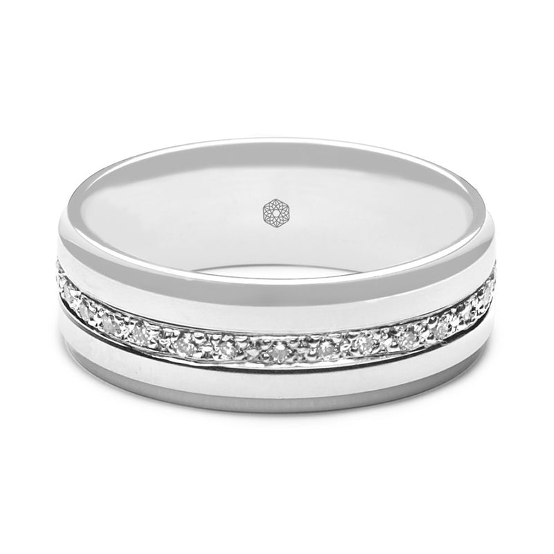 Horizontal shot of Mens Flat Court Wedding Ring With Highly Polished Edges and Matte Finished Centre Set With 30 Pave Set Diamonds