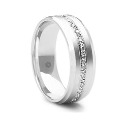Mens Flat Court Wedding Ring With Highly Polished Edges and Matte Finished Centre Set With 30 Pave Set Diamonds